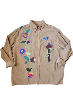 Art-to-Wear Corduroy Shacket 2X Floral Appliqué Birdhouse Cottagecore Oversized